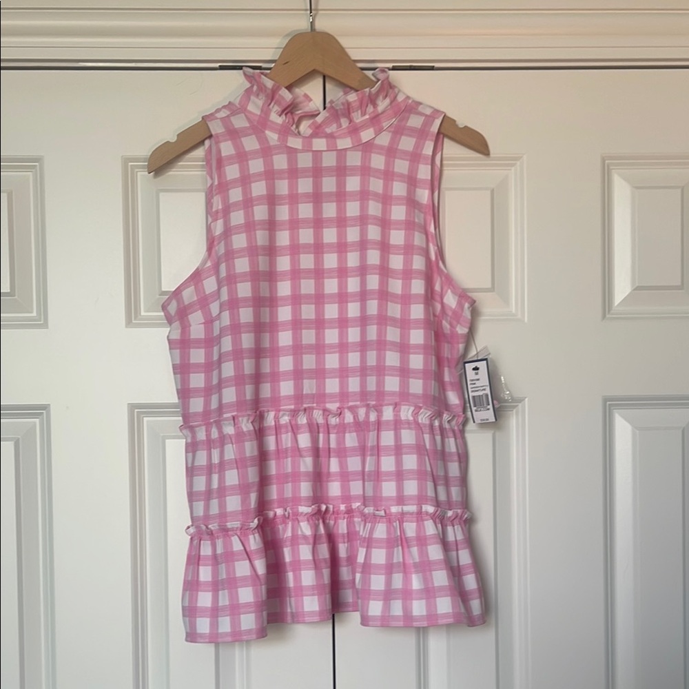 Crown & Ivy Pink Checkered Gingham Mock Neck Sleeveless Top